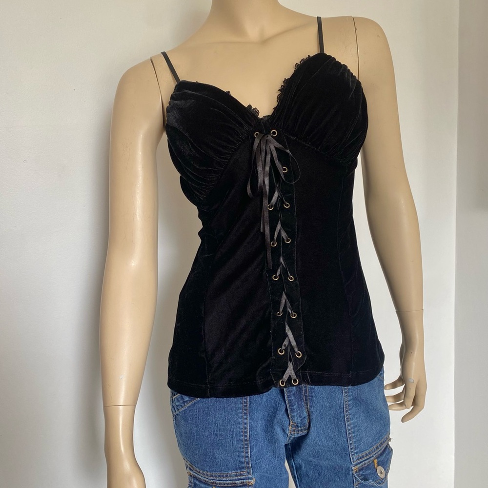 Elegant Black Velvet Lace-Up Women's Top